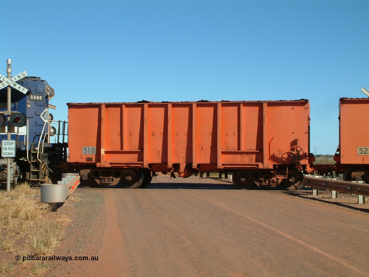 040806 091220
Goldsworthy Junction, weighbridge test waggon 510 originally built by Magor USA and ex Oroville Dam, converted by Mt Newman Mining into a test waggon.
