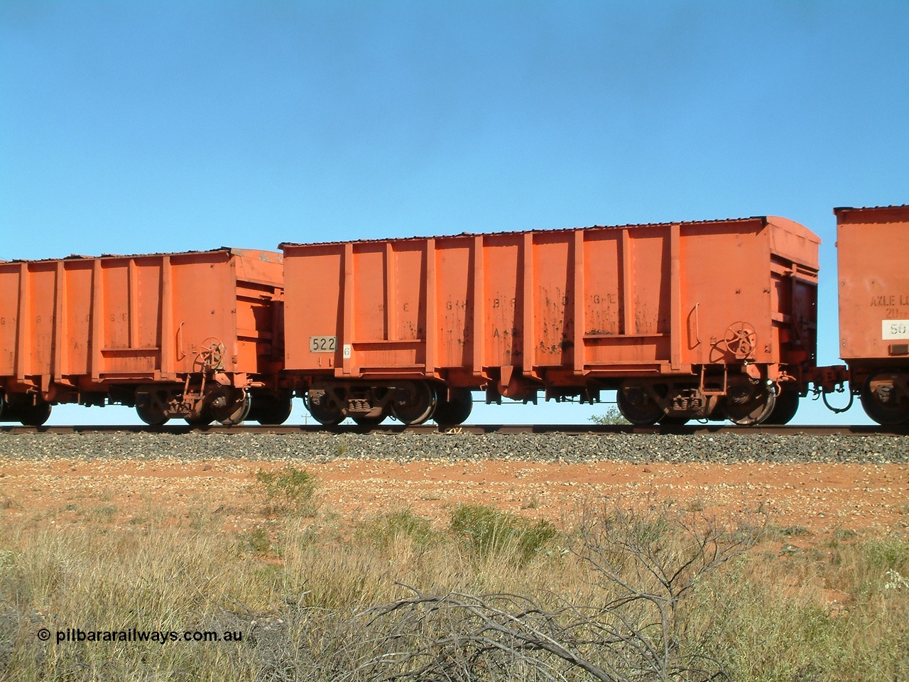 040806 092732
Goldsworthy Junction, weighbridge test waggon 522, originally built by Magor USA and ex Oroville Dam, converted by Mt Newman Mining into a 20 ton axle load test waggon.
