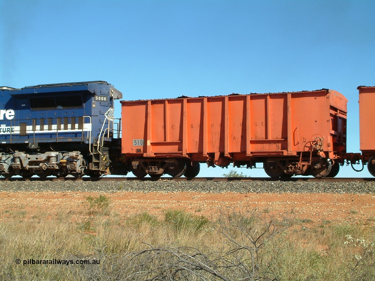 040806 092738
Goldsworthy Junction, weighbridge test waggon 510 originally built by Magor USA and ex Oroville Dam, converted by Mt Newman Mining into a test waggon.
