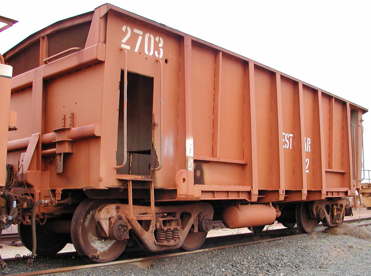040806 102936
Flash Butt yard, view of Rail Dynamics Laboratory test waggon 2703, modified by BHP from waggon number 2716 in 1975, originally a Comeng built waggon dating from 1971.
Keywords: Comeng-WA;BHP-Comeng-Ore-Waggon;BHP-Service-Waggon;