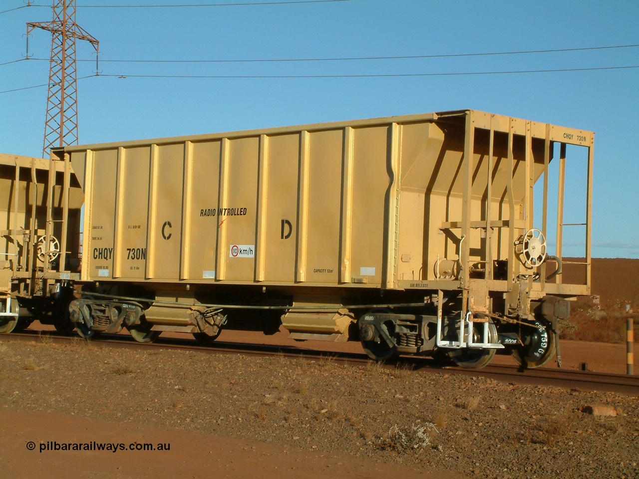 040815 164619
Nelson Point, CFCLA ballast waggon CHQY type 730 just being delivered to BHP Iron Ore as part of the Rail PACE project, 3/4 view from handbrake end.
Keywords: CHQY-type;CHQY730;CFCLA;CRDX-type;BHP-ballast-waggon;