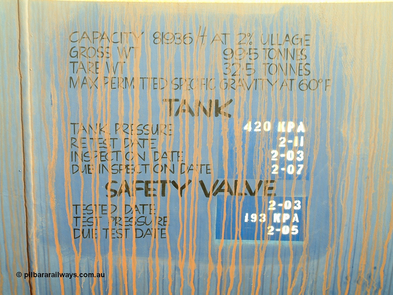 040815 171350
Nelson Point, detail view of data placard of fuel tank waggon 0020, 82 kilolitre capacity built by Comeng NSW for BP as RTC 2, used by Mt Newman Mining, unsure when converted to 0020.
Keywords: Comeng-NSW;BP-Oil;RTC2;BHP-tank-waggon;