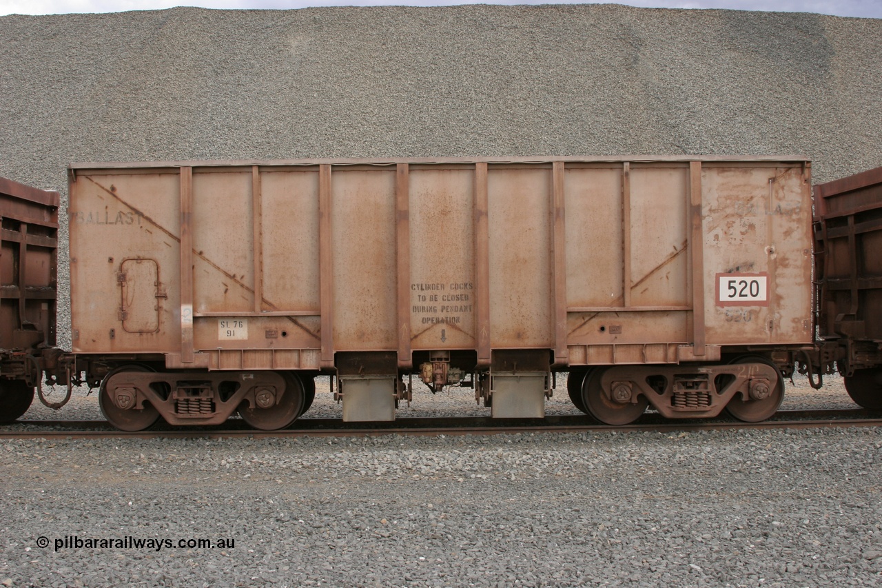 050412 0756
Quarry 8, Shaw Siding area. Side view of 1963 built Magor USA ballast waggon 520.
Keywords: Magor-USA;BHP-ballast-waggon;