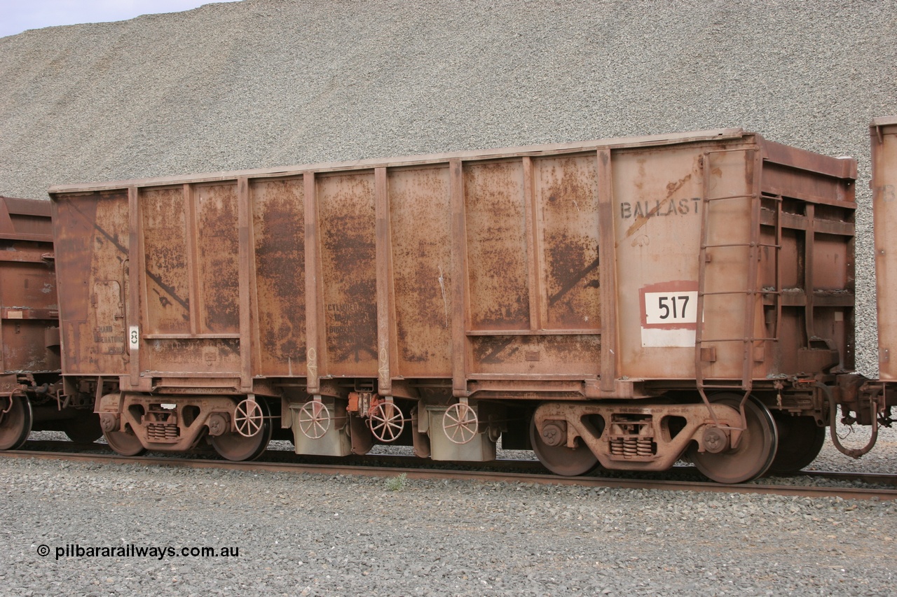 050412 0757
Quarry 8, Shaw Siding area. 3/4 view of 1963 built Magor USA ballast waggon 517.
Keywords: Magor-USA;BHP-ballast-waggon;