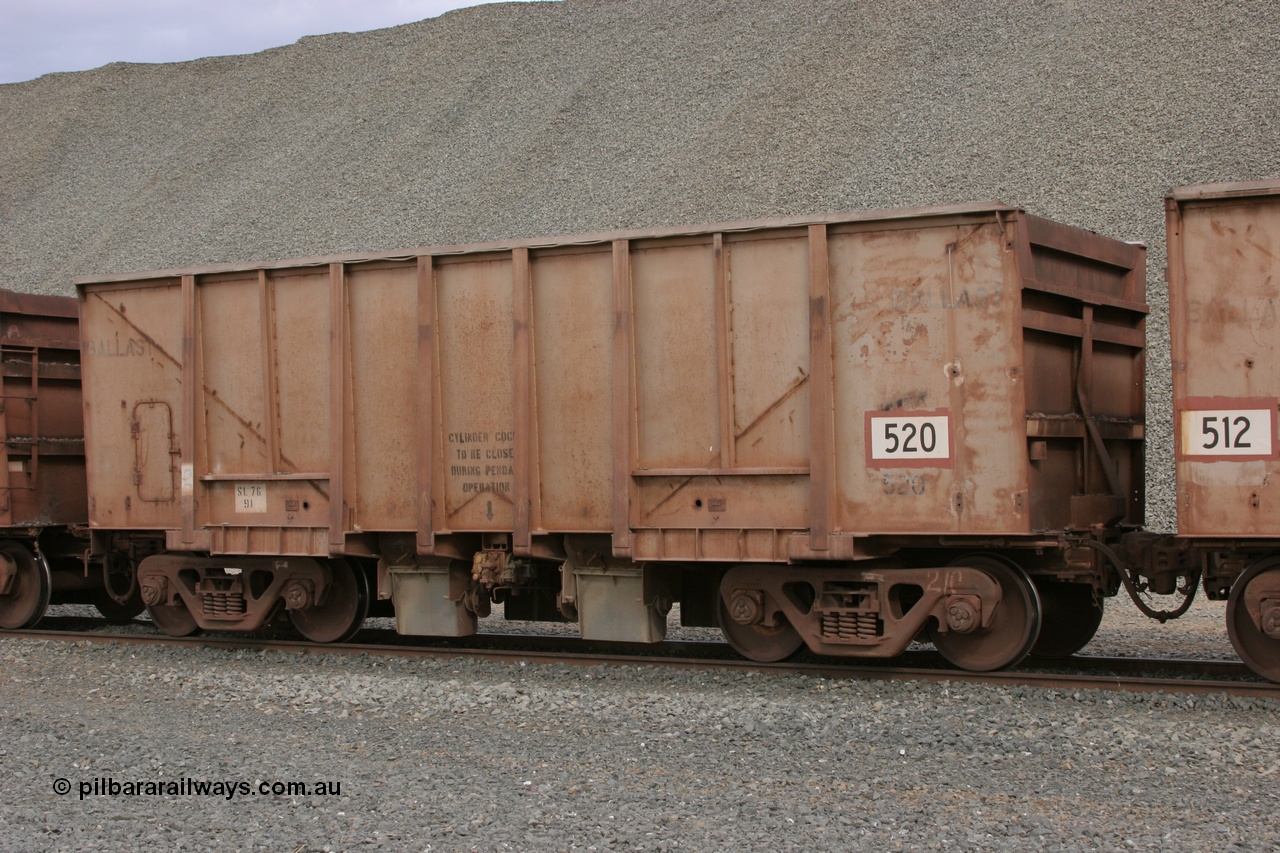 050412 0759
Quarry 8, Shaw Siding area. 3/4 view of 1963 built Magor USA ballast waggon 520.
Keywords: Magor-USA;BHP-ballast-waggon;