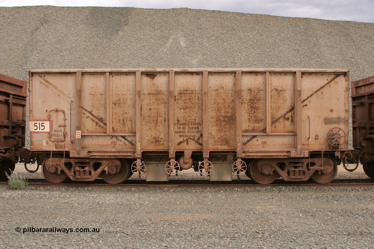 050412 0760
Quarry 8, Shaw Siding area. Side view of 1963 built Magor USA ballast waggon 515.
Keywords: Magor-USA;BHP-ballast-waggon;