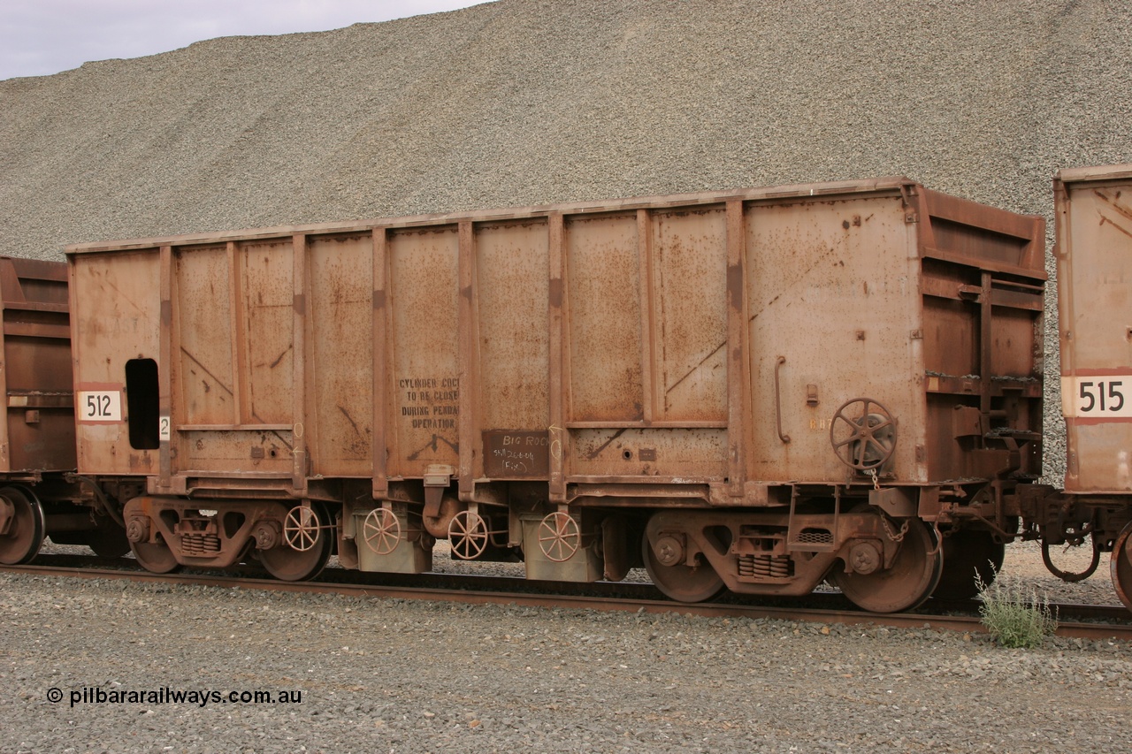 050412 0761
Quarry 8, Shaw Siding area. 3/4 view of 1963 built Magor USA ballast waggon 512.
Keywords: Magor-USA;BHP-ballast-waggon;