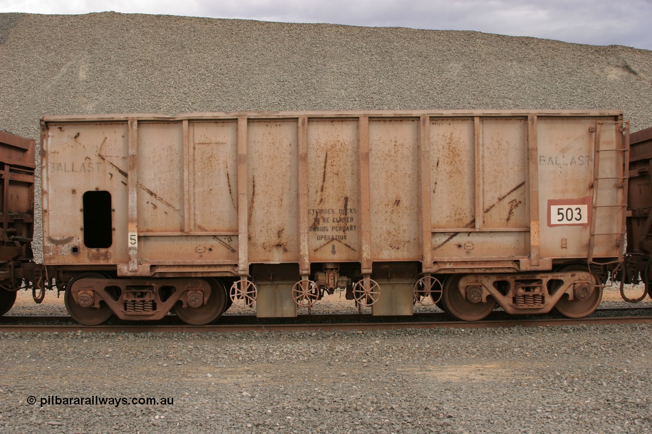 050412 0762
Quarry 8, Shaw Siding area. Side view of 1963 built Magor USA ballast waggon 503.
Keywords: Magor-USA;BHP-ballast-waggon;