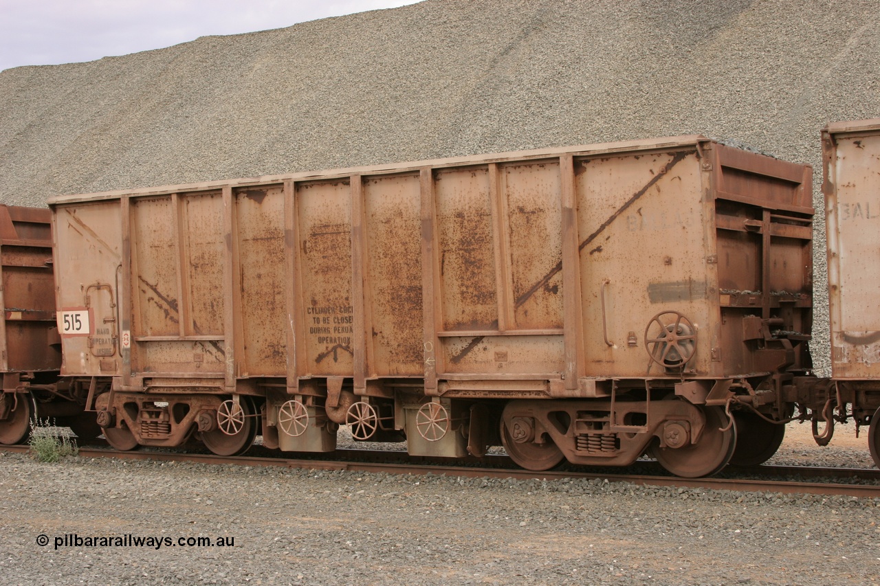 050412 0763
Quarry 8, Shaw Siding area. 3/4 view of 1963 built Magor USA ballast waggon 515.
Keywords: Magor-USA;BHP-ballast-waggon;
