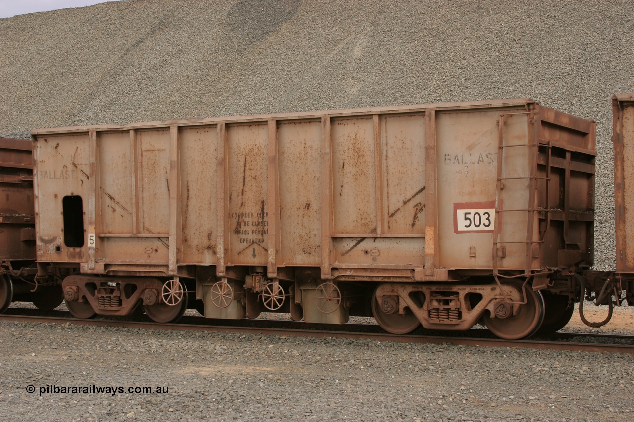 050412 0765
Quarry 8, Shaw Siding area. 3/4 view of 1963 built Magor USA ballast waggon 503.
Keywords: Magor-USA;BHP-ballast-waggon;