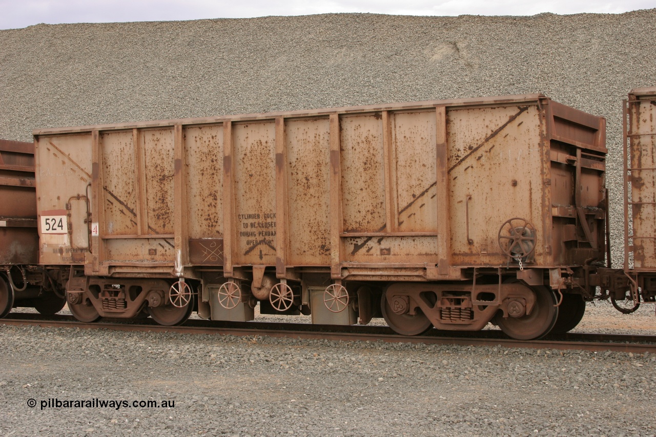 050412 0769
Quarry 8, Shaw Siding area. 3/4 view of 1963 built Magor USA waggon 524, originally in ore service before conversion to a ballast waggon.
Keywords: Magor-USA;BHP-ballast-waggon;