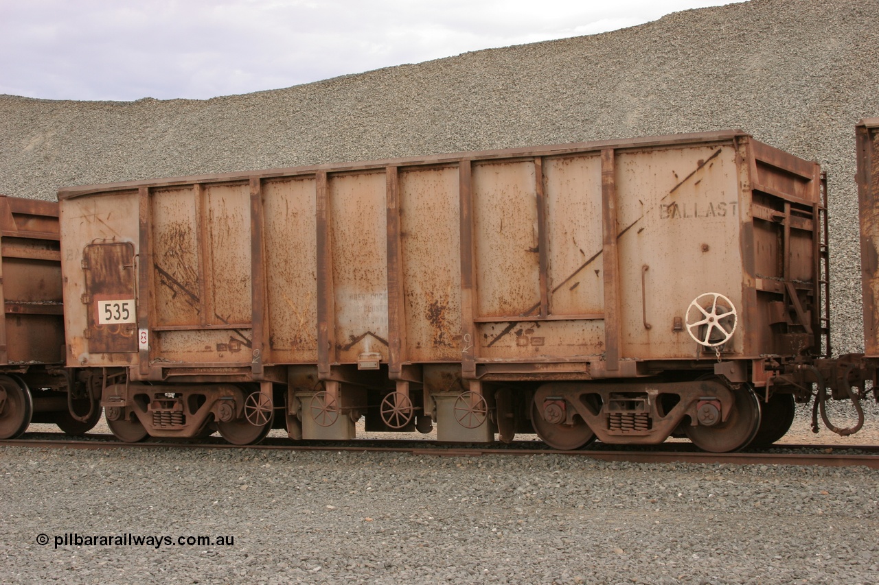 050412 0773
Quarry 8, Shaw Siding area. 3/4 view of 1963 built Magor USA waggon 535, originally in ore service before conversion to a ballast waggon.
Keywords: Magor-USA;BHP-ballast-waggon;