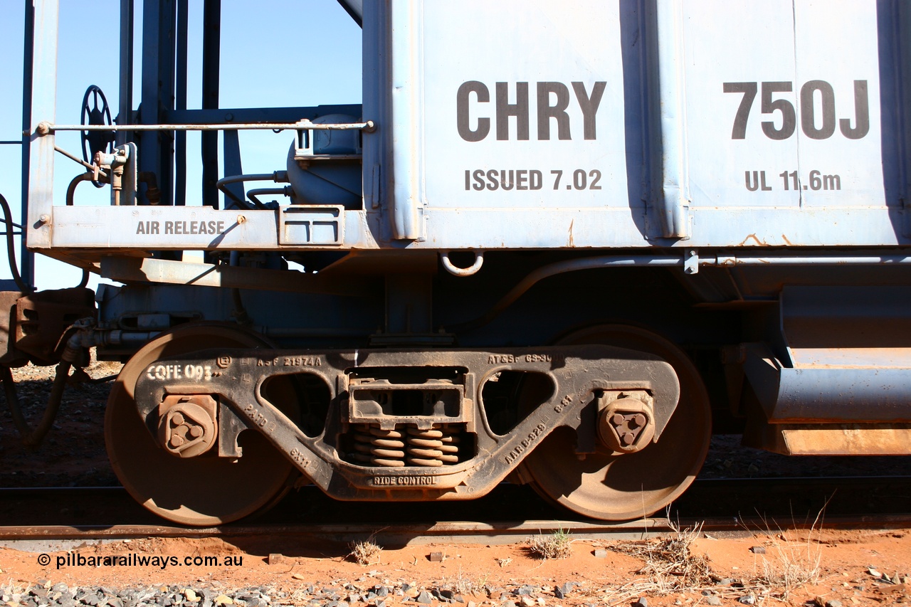 050518 2128
Flash Butt yard, CFCLA hire ballast waggon CHRY type CHRY 750, shows bogie detail, AT & SF CS-3000 bogie casting with CFCLA id of CQFE 093
Keywords: CHRY-type;CHRY750;CFCLA;CRDX-type;BHP-ballast-waggon;