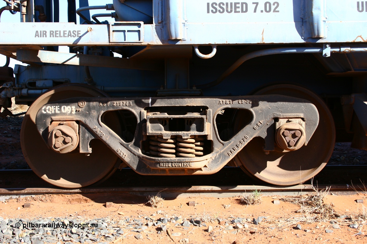 050518 2129
Flash Butt yard, CFCLA hire ballast waggon CHRY type CHRY 750, shows bogie detail, AT & SF CS-3000 bogie casting with CFCLA id of CQFE 093
Keywords: CHRY-type;CHRY750;CFCLA;CRDX-type;BHP-ballast-waggon;