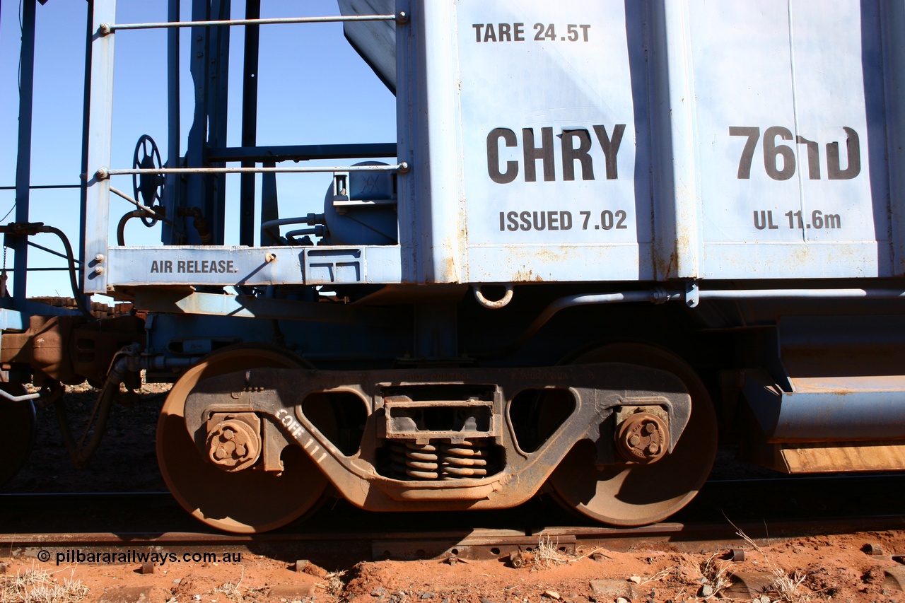 050518 2132
Flash Butt yard, CFCLA hire ballast waggon CHRY type CHRY 761, shows bogie detail, ASF Ride Control bogie with CFCLA id of CQFE 111.
Keywords: CHRY-type;CHRY761;CFCLA;CRDX-type;BHP-ballast-waggon;