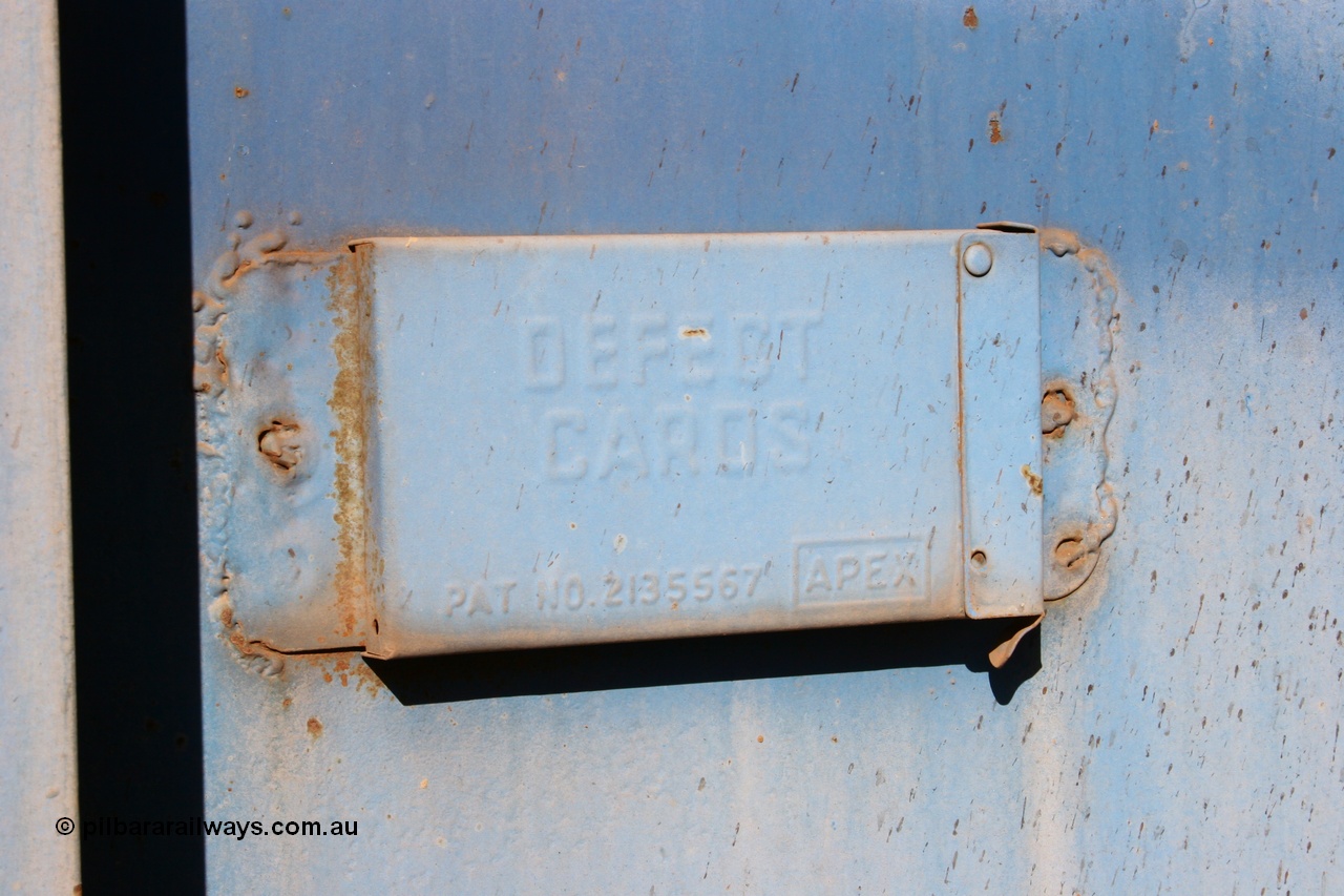 050518 2136
Flash Butt yard, CFCLA hire ballast waggon CHRY type CHRY 753, defect card holder.
Keywords: CHRY-type;CHRY753;CFCLA;CRDX-type;BHP-ballast-waggon;
