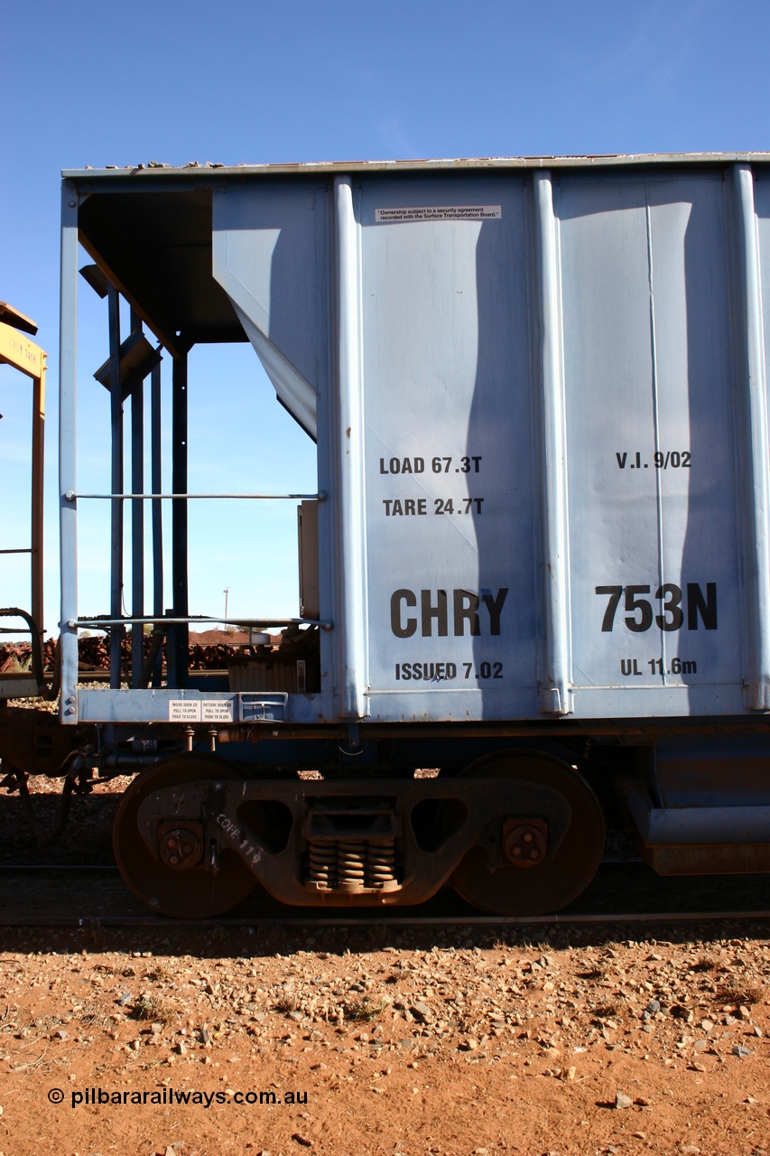 050518 2138
Flash Butt yard, CFCLA hire ballast waggon CHRY type CHRY 753, non hand brake end detail, including bogie.
Keywords: CHRY-type;CHRY753;CFCLA;CRDX-type;BHP-ballast-waggon;