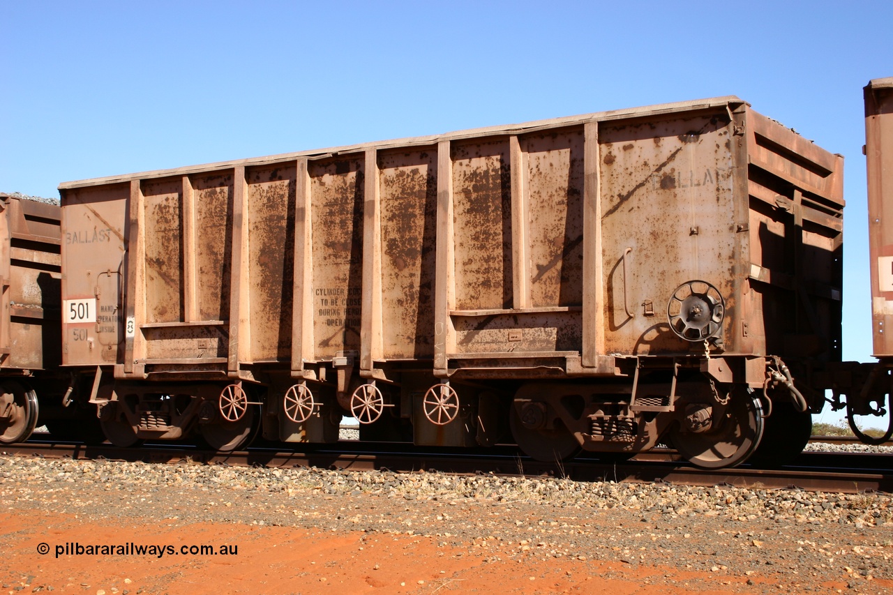 050518 2157
Bing Siding. 3/4 view of 1963 built Magor USA waggon 501, the first of twenty waggons originally used on the Oroville Dam construction before coming to the Pilbara in January 1968 as ballast waggons.
Keywords: Magor-USA;BHP-ballast-waggon;