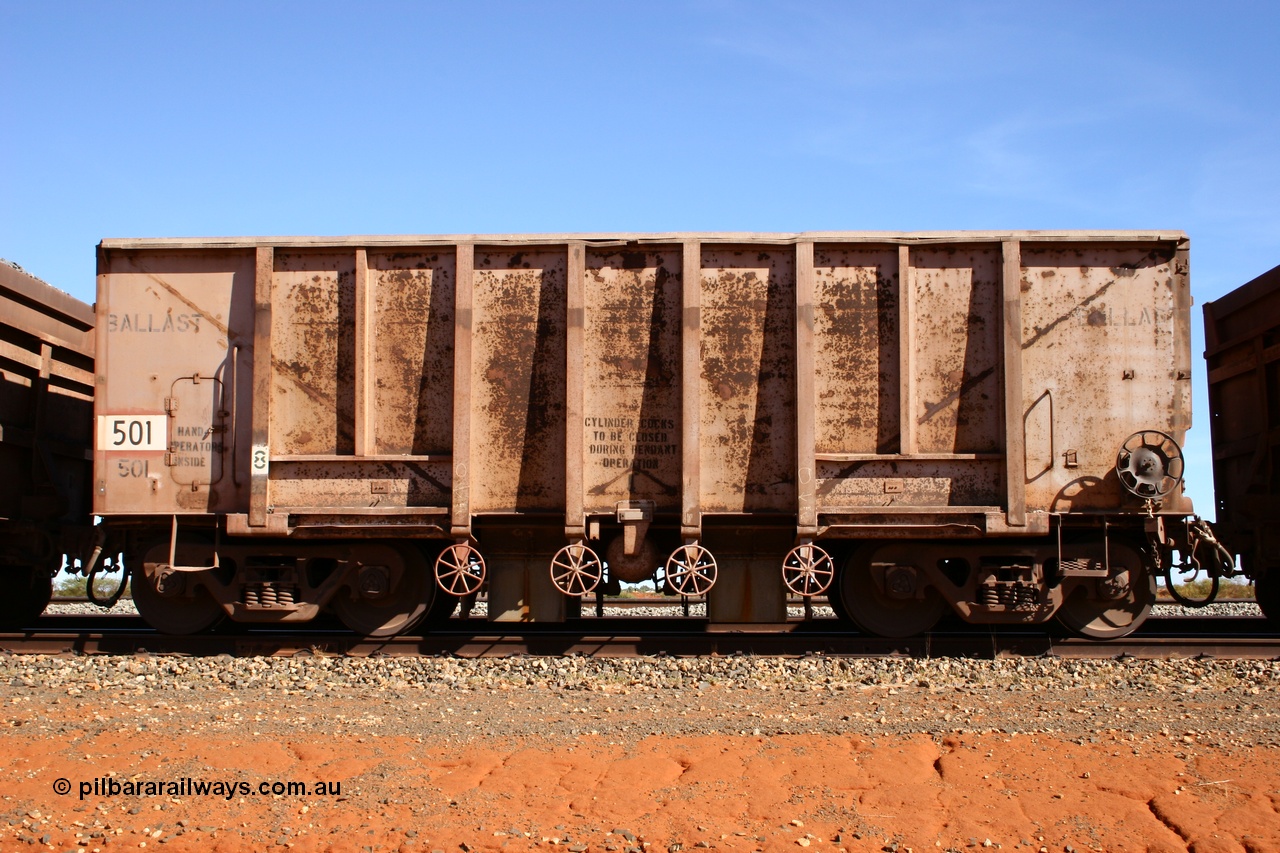 050518 2158
Bing Siding. Side view of 1963 built Magor USA waggon 501, the first of twenty waggons originally used on the Oroville Dam construction before coming to the Pilbara in January 1968 as ballast waggons.
Keywords: Magor-USA;BHP-ballast-waggon;