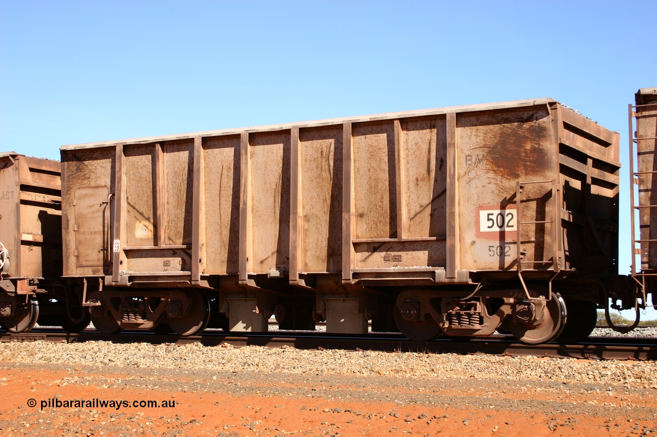 050518 2161
Bing Siding. 3/4 view of 1963 built Magor USA waggon 502, one of twenty waggons originally used on the Oroville Dam construction before coming to the Pilbara in January 1968 as ballast waggons.
Keywords: Magor-USA;BHP-ballast-waggon;