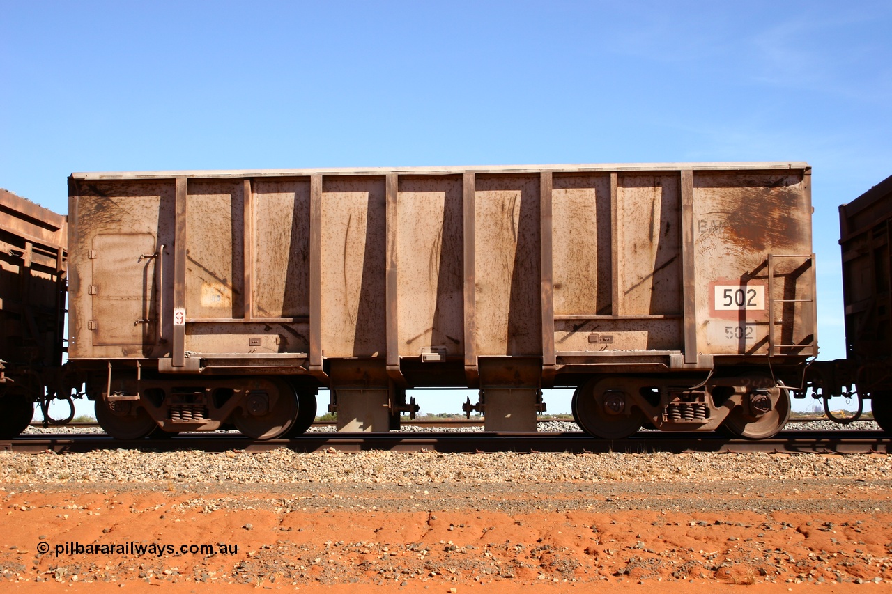 050518 2162
Bing Siding. Side view of 1963 built Magor USA waggon 502, one of twenty waggons originally used on the Oroville Dam construction before coming to the Pilbara in January 1968 as ballast waggons.
Keywords: Magor-USA;BHP-ballast-waggon;