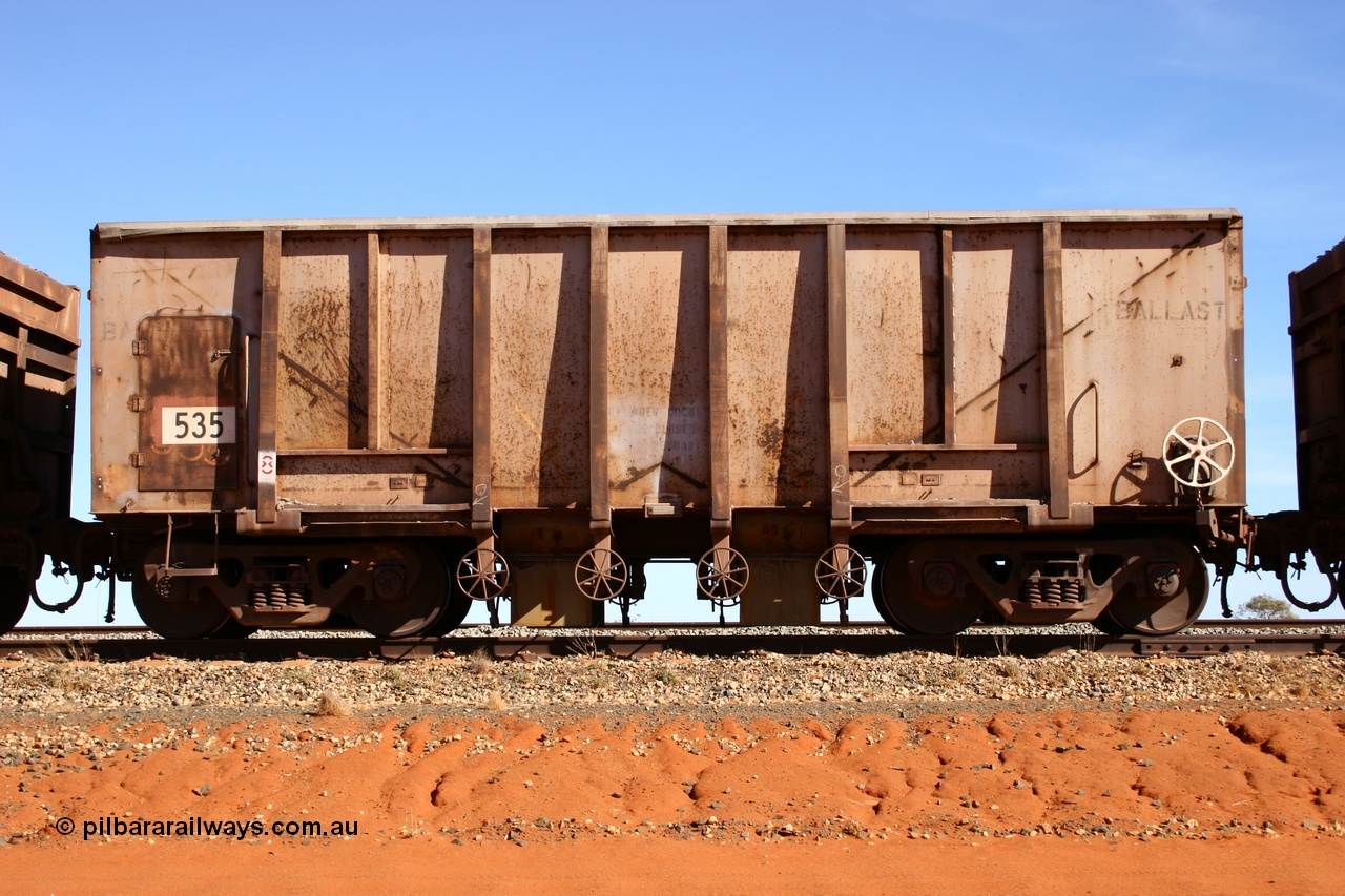 050518 2164
Bing Siding. Side view of 1963 built Magor USA waggon 535, originally in ore service before conversion to a ballast waggon.
Keywords: Magor-USA;BHP-ballast-waggon;