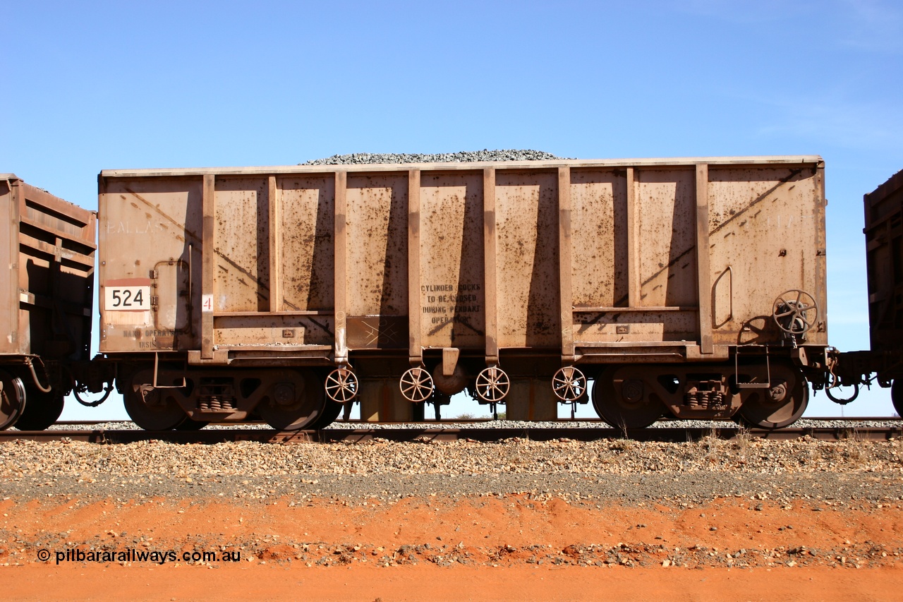 050518 2168
Bing Siding. Side view of 1963 built Magor USA waggon 524, originally in ore service before conversion to a ballast waggon.
Keywords: Magor-USA;BHP-ballast-waggon;