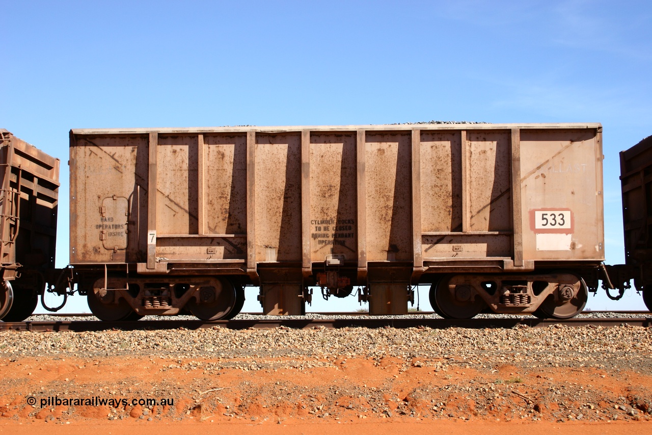 050518 2170
Bing Siding. Side view of 1963 built Magor USA waggon 533, originally in ore service before conversion to a ballast waggon.
Keywords: Magor-USA;BHP-ballast-waggon;