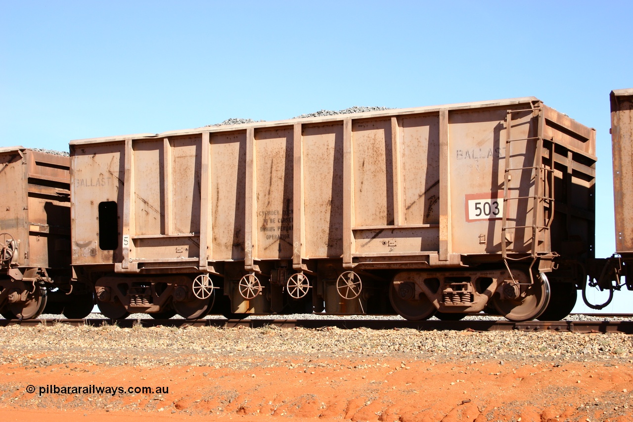 050518 2171
Bing Siding. 3/4 view of 1963 built Magor USA waggon 503, one of twenty waggons originally used on the Oroville Dam construction before coming to the Pilbara in January 1968 as ballast waggons.
Keywords: Magor-USA;BHP-ballast-waggon;