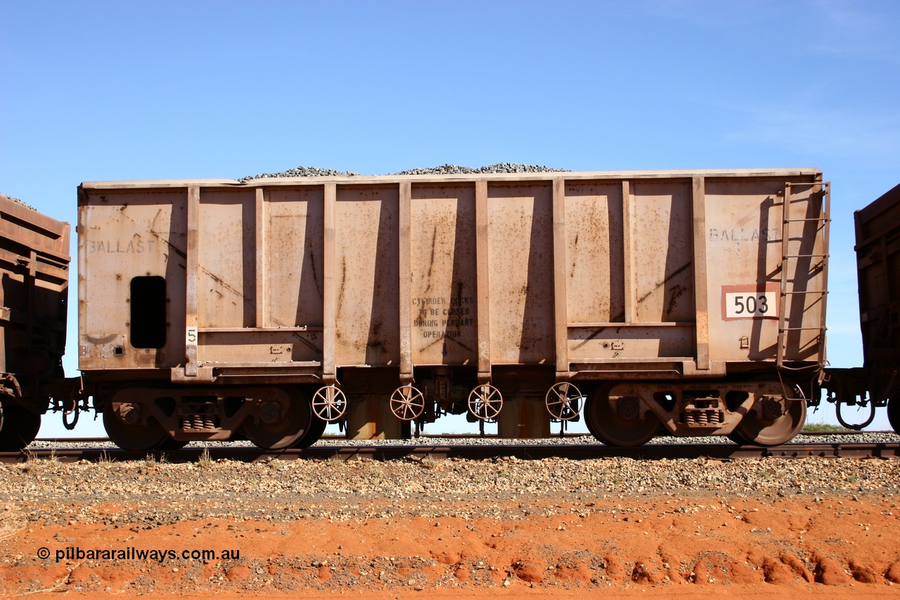 050518 2172
Bing Siding. Side view of 1963 built Magor USA waggon 503, one of twenty waggons originally used on the Oroville Dam construction before coming to the Pilbara in January 1968 as ballast waggons.
Keywords: Magor-USA;BHP-ballast-waggon;