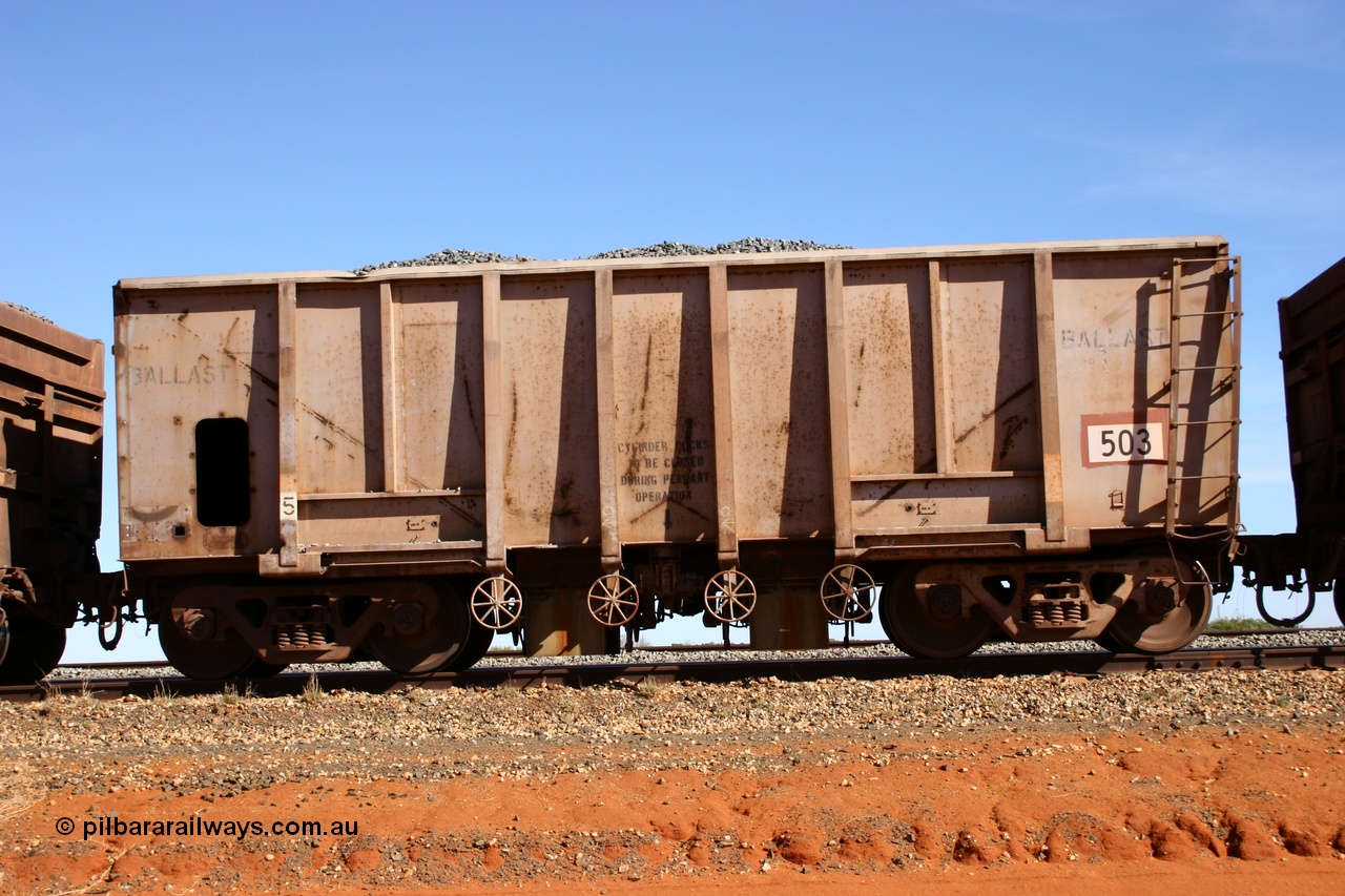 050518 2173
Bing Siding. Side view of 1963 built Magor USA waggon 503, one of twenty waggons originally used on the Oroville Dam construction before coming to the Pilbara in January 1968 as ballast waggons.
Keywords: Magor-USA;BHP-ballast-waggon;