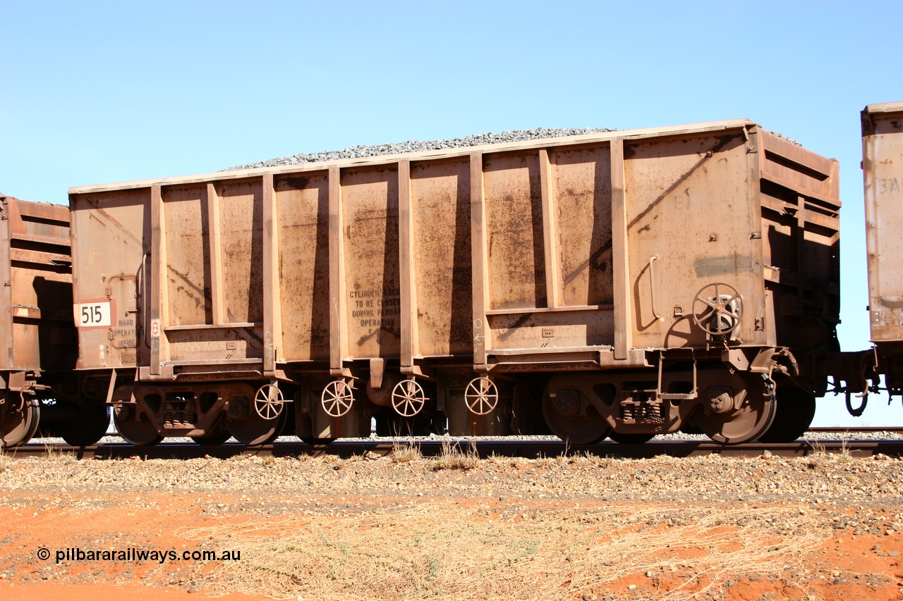 050518 2174
Bing Siding. 3/4 view of 1963 built Magor USA waggon 515, one of twenty waggons originally used on the Oroville Dam construction before coming to the Pilbara in January 1968 as ballast waggons.
Keywords: Magor-USA;BHP-ballast-waggon;