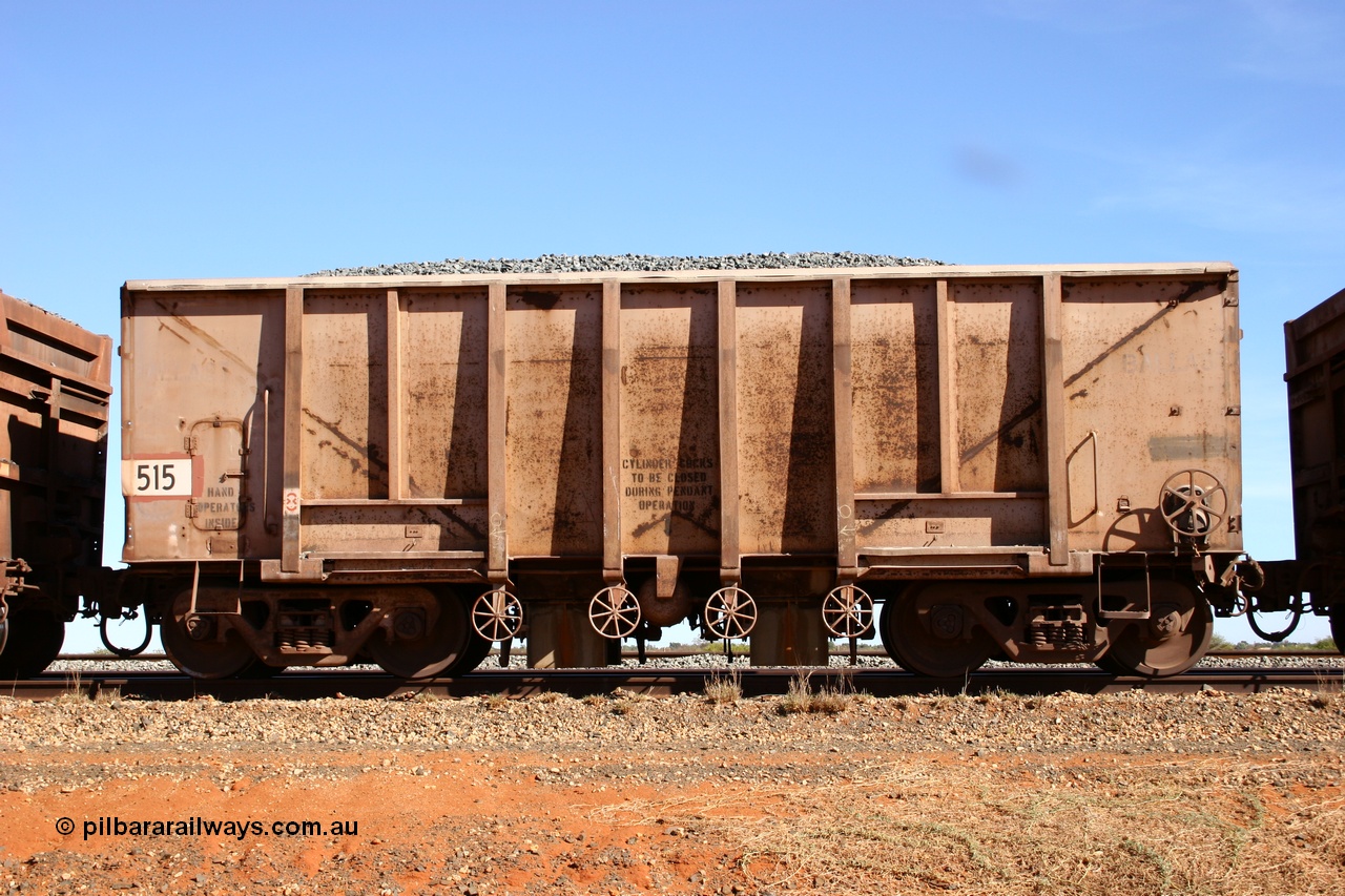 050518 2175
Bing Siding. Side view of 1963 built Magor USA waggon 515, one of twenty waggons originally used on the Oroville Dam construction before coming to the Pilbara in January 1968 as ballast waggons.
Keywords: Magor-USA;BHP-ballast-waggon;