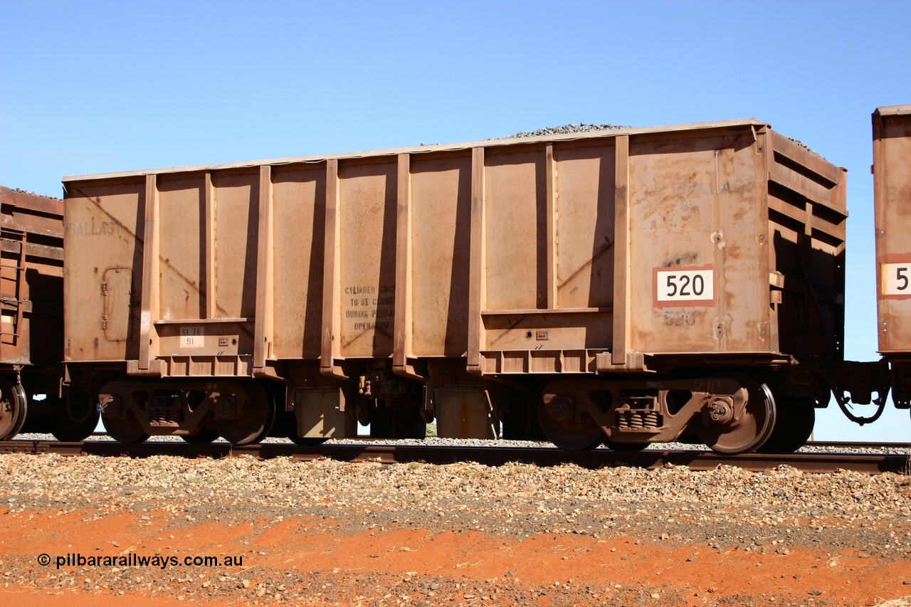 050518 2178
Bing Siding. 3/4 view of 1963 built Magor USA waggon 520, the last of twenty waggons originally used on the Oroville Dam construction before coming to the Pilbara in January 1968 as ballast waggons.
Keywords: Magor-USA;BHP-ballast-waggon;