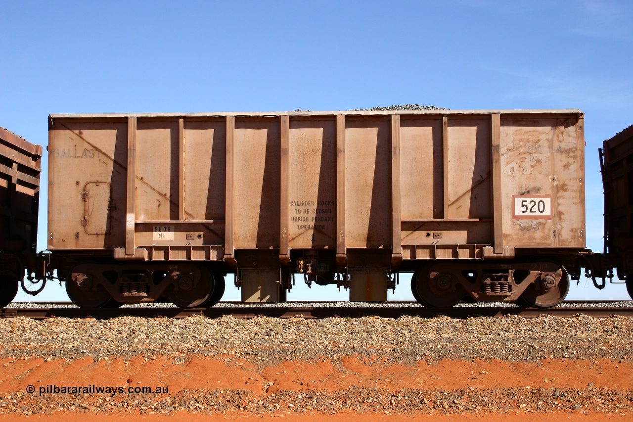 050518 2179
Bing Siding. Side view of 1963 built Magor USA waggon 520, the last of twenty waggons originally used on the Oroville Dam construction before coming to the Pilbara in January 1968 as ballast waggons.
Keywords: Magor-USA;BHP-ballast-waggon;