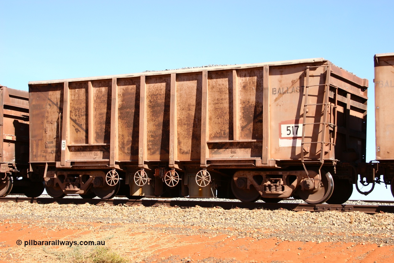 050518 2180
Bing Siding. 3/4 view of 1963 built Magor USA waggon 517, one of twenty waggons originally used on the Oroville Dam construction before coming to the Pilbara in January 1968 as ballast waggons.
Keywords: Magor-USA;BHP-ballast-waggon;