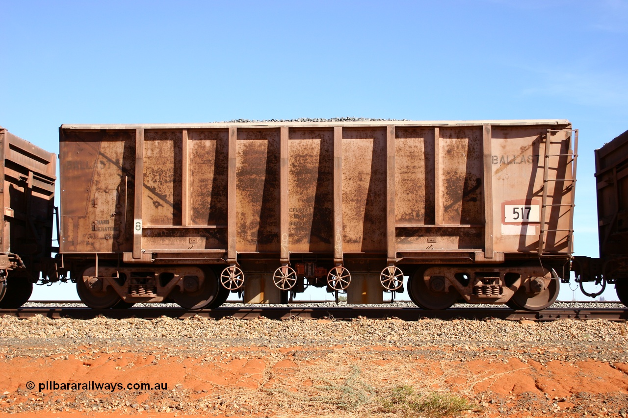 050518 2181
Bing Siding. Side view of 1963 built Magor USA waggon 517, one of twenty waggons originally used on the Oroville Dam construction before coming to the Pilbara in January 1968 as ballast waggons.
Keywords: Magor-USA;BHP-ballast-waggon;