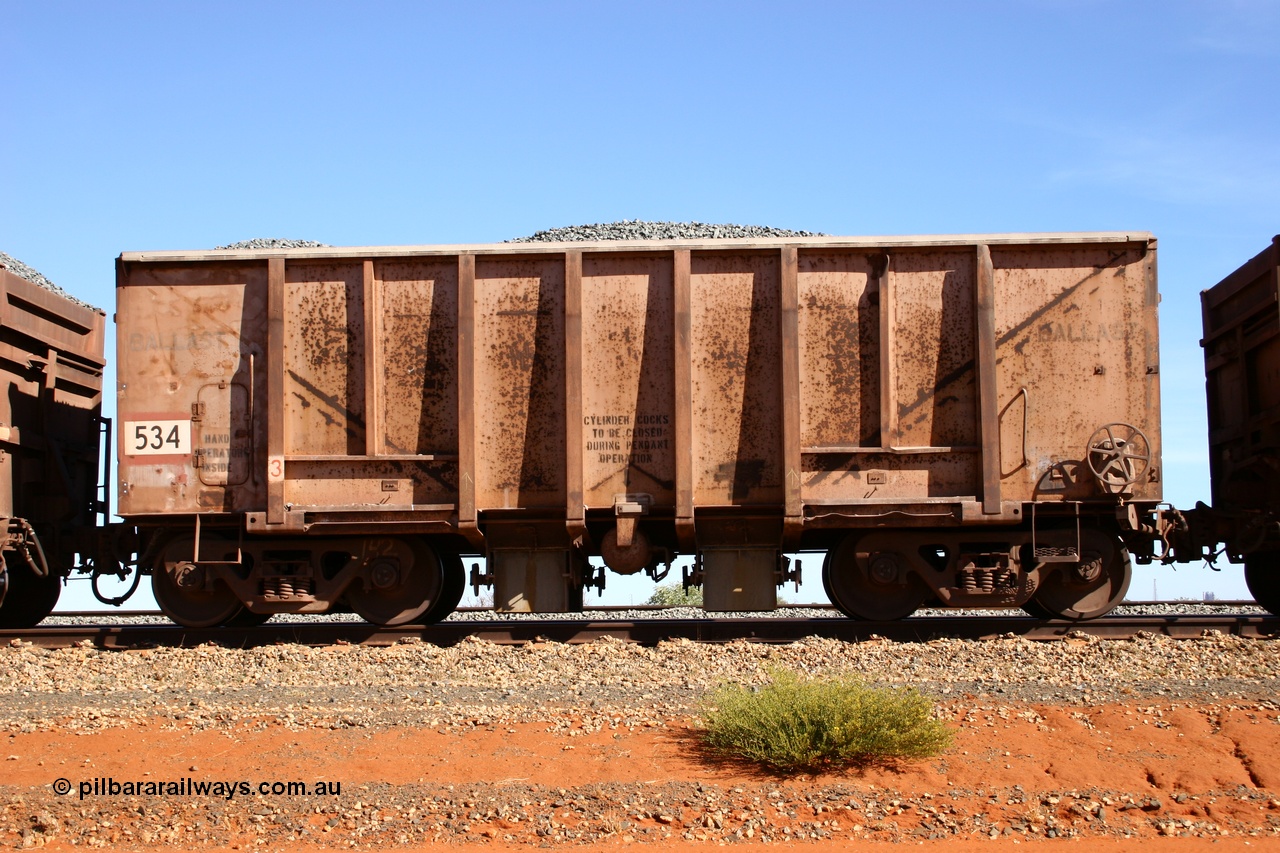050518 2183
Bing Siding. Side view of 1963 built Magor USA waggon 534, originally in ore service before conversion to a ballast waggon.
Keywords: Magor-USA;BHP-ballast-waggon;