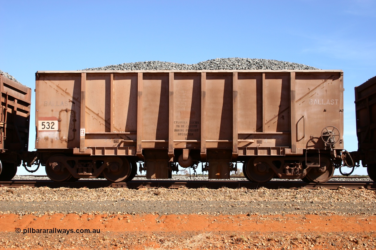 050518 2185
Bing Siding. Side view of 1963 built Magor USA waggon 532, originally in ore service before conversion to a ballast waggon.
Keywords: Magor-USA;BHP-ballast-waggon;