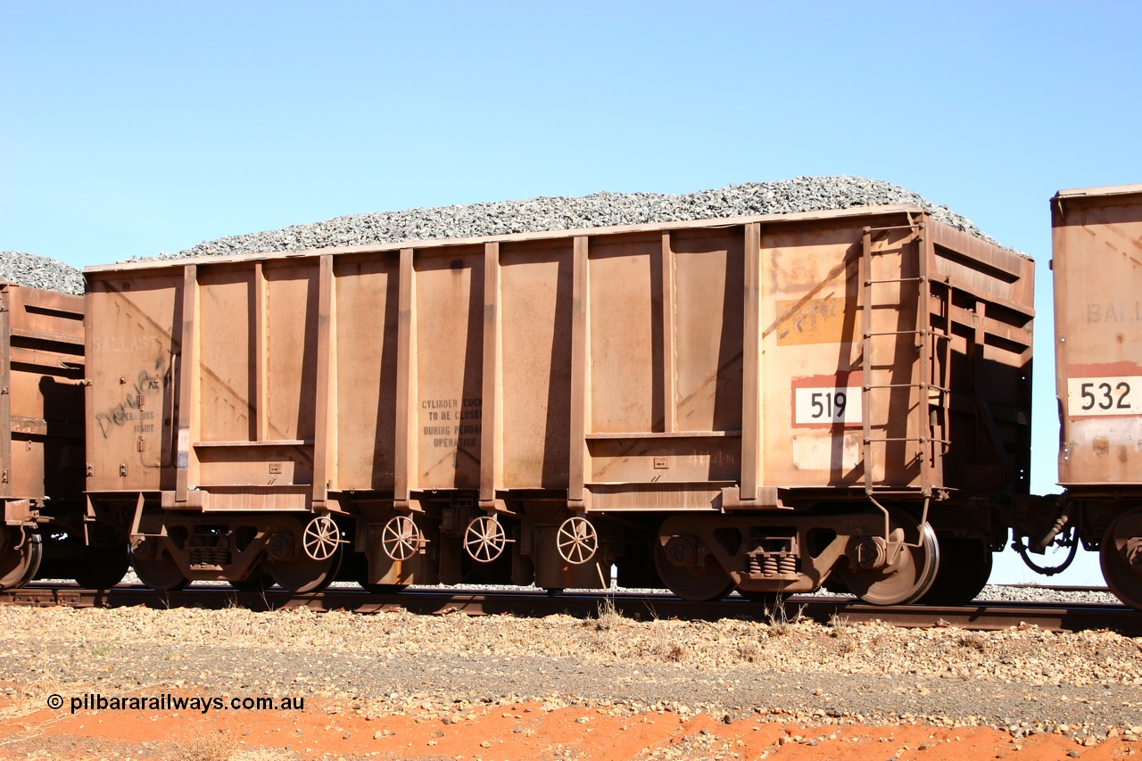 050518 2186
Bing Siding. 3/4 view of 1963 built Magor USA waggon 519, one of twenty waggons originally used on the Oroville Dam construction before coming to the Pilbara in January 1968 as ballast waggons.
Keywords: Magor-USA;BHP-ballast-waggon;
