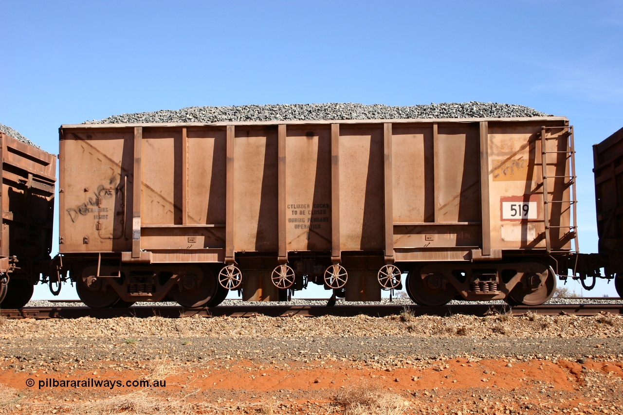 050518 2187
Bing Siding. Side view of 1963 built Magor USA waggon 519, one of twenty waggons originally used on the Oroville Dam construction before coming to the Pilbara in January 1968 as ballast waggons.
Keywords: Magor-USA;BHP-ballast-waggon;