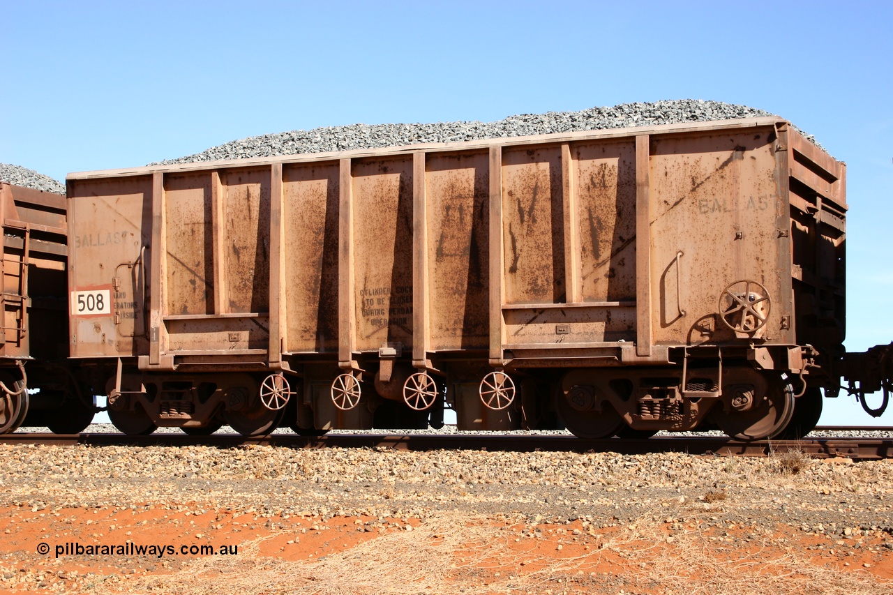 050518 2188
Bing Siding. 3/4 view of 1963 built Magor USA waggon 508, one of twenty waggons originally used on the Oroville Dam construction before coming to the Pilbara in January 1968 as ballast waggons.
Keywords: Magor-USA;BHP-ballast-waggon;