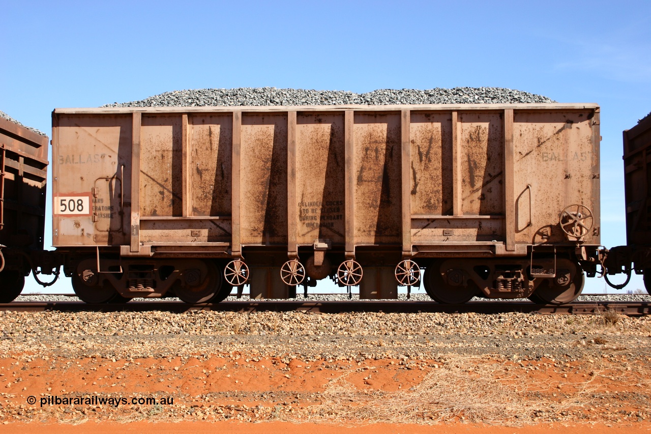 050518 2189
Bing Siding. Side view of 1963 built Magor USA waggon 508, one of twenty waggons originally used on the Oroville Dam construction before coming to the Pilbara in January 1968 as ballast waggons.
Keywords: Magor-USA;BHP-ballast-waggon;