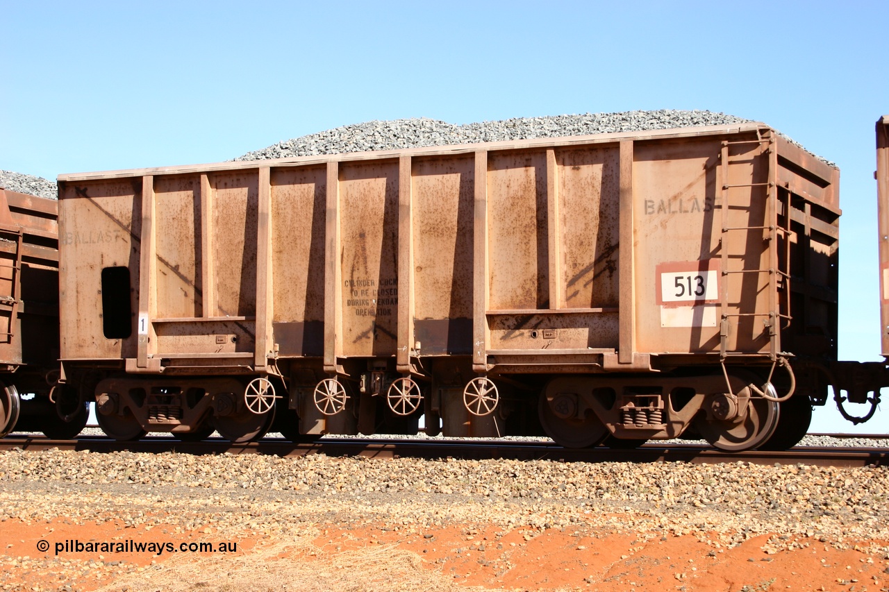 050518 2190
Bing Siding. 3/4 view of 1963 built Magor USA waggon 513, one of twenty waggons originally used on the Oroville Dam construction before coming to the Pilbara in January 1968 as ballast waggons.
Keywords: Magor-USA;BHP-ballast-waggon;