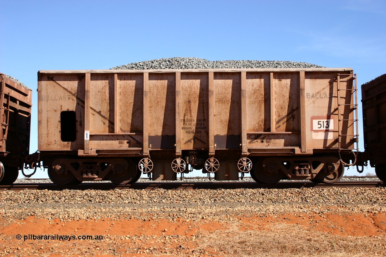 050518 2191
Bing Siding. Side view of 1963 built Magor USA waggon 513, one of twenty waggons originally used on the Oroville Dam construction before coming to the Pilbara in January 1968 as ballast waggons.
Keywords: Magor-USA;BHP-ballast-waggon;