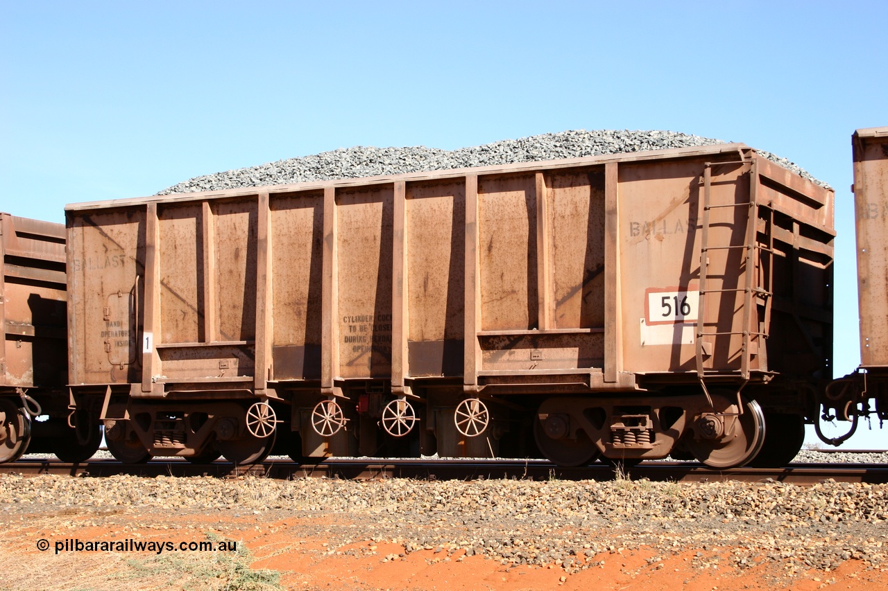 050518 2192
Bing Siding. 3/4 view of 1963 built Magor USA waggon 516, one of twenty waggons originally used on the Oroville Dam construction before coming to the Pilbara in January 1968 as ballast waggons.
Keywords: Magor-USA;BHP-ballast-waggon;