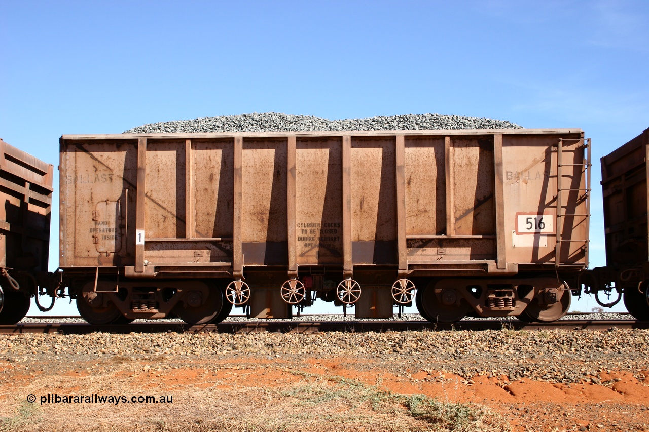 050518 2193
Bing Siding. Side view of 1963 built Magor USA waggon 516, one of twenty waggons originally used on the Oroville Dam construction before coming to the Pilbara in January 1968 as ballast waggons.
Keywords: Magor-USA;BHP-ballast-waggon;