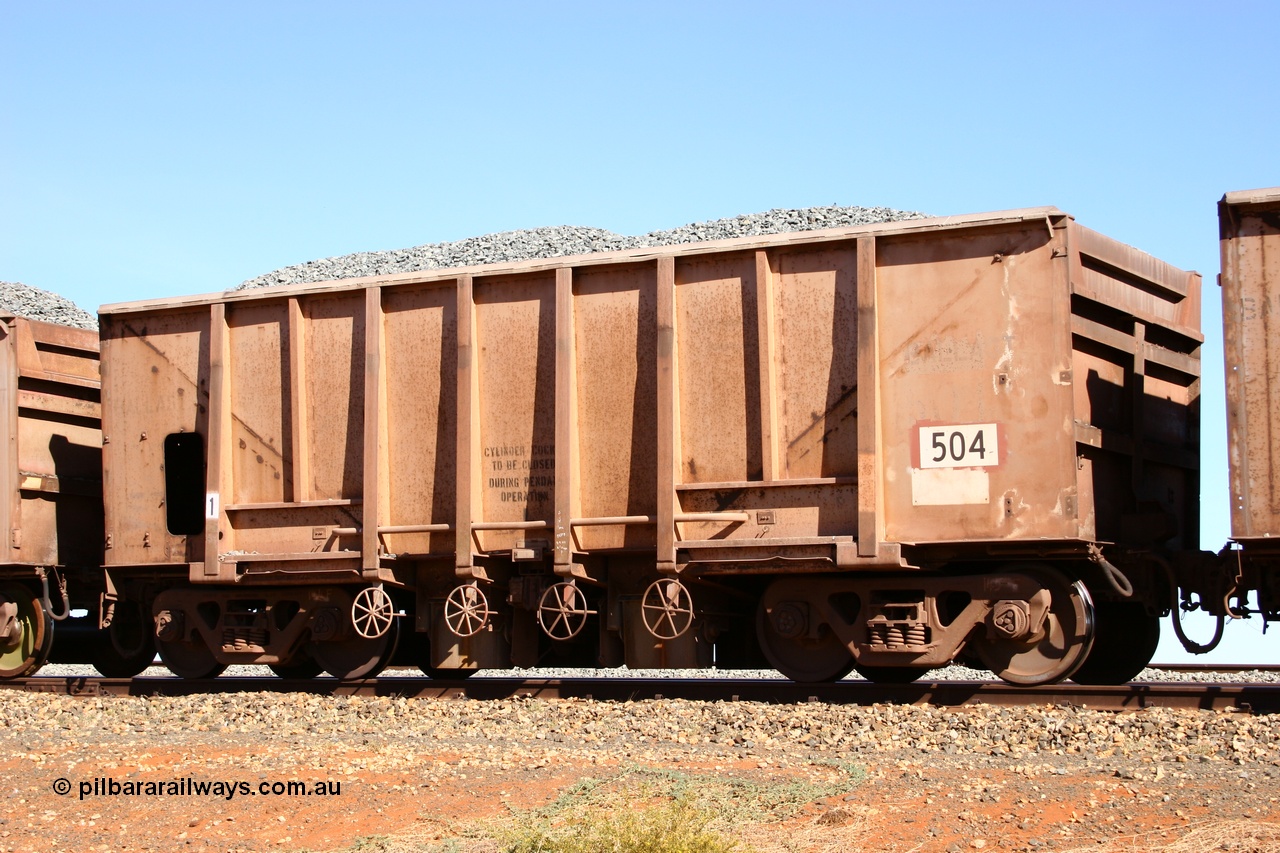 050518 2194
Bing Siding. 3/4 view of 1963 built Magor USA waggon 504, one of twenty waggons originally used on the Oroville Dam construction before coming to the Pilbara in January 1968 as ballast waggons.
Keywords: Magor-USA;BHP-ballast-waggon;