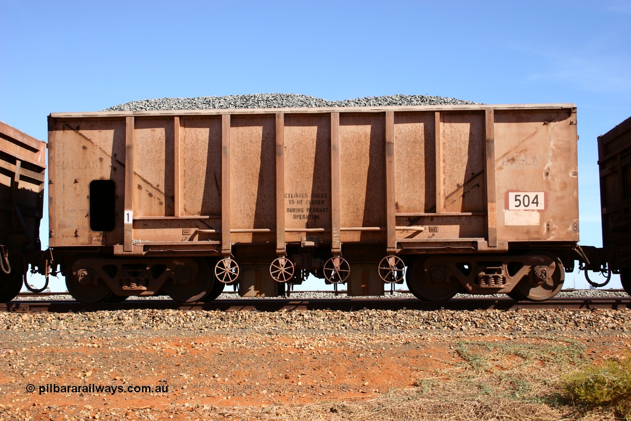 050518 2195
Bing Siding. Side view of 1963 built Magor USA waggon 504, one of twenty waggons originally used on the Oroville Dam construction before coming to the Pilbara in January 1968 as ballast waggons.
Keywords: Magor-USA;BHP-ballast-waggon;