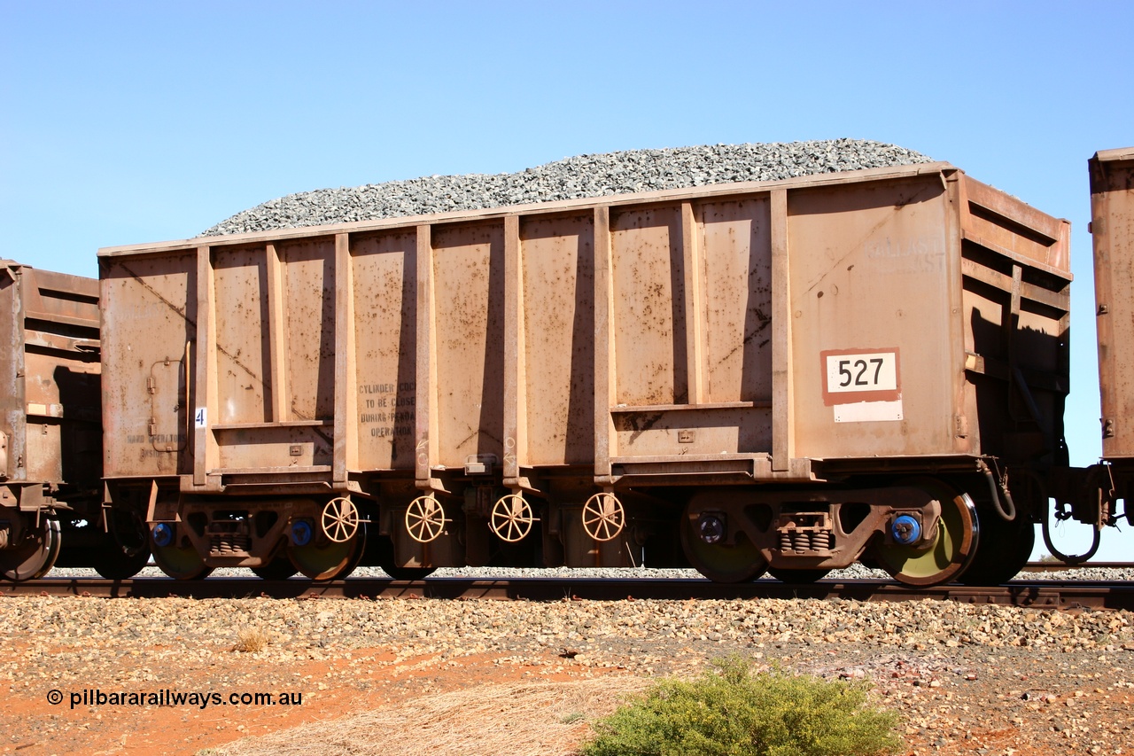 050518 2196
Bing Siding. 3/4 view of 1963 built Magor USA waggon 527, originally in ore service before conversion to a ballast waggon.
Keywords: Magor-USA;BHP-ballast-waggon;